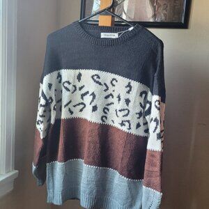 Angashion Cheetah Color Block Sweater